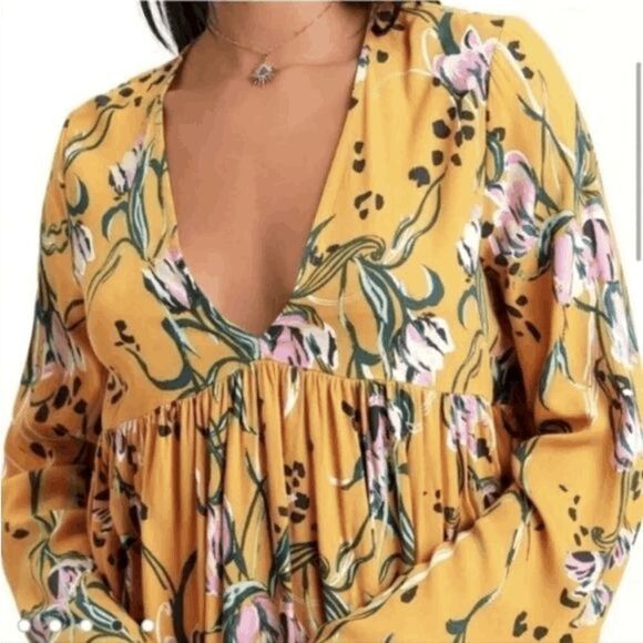 Free People size Small Bella Printed Tunic/ Mini Dress in Yellow Floral - Picture 6 of 16